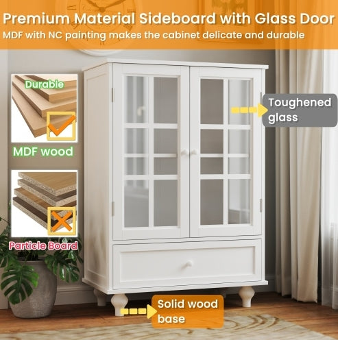 Aparador minimalista blanco con puertas de doble cristal y cajón, moderno aparador de madera para sala de estar, comedor, pasillo y entrada.