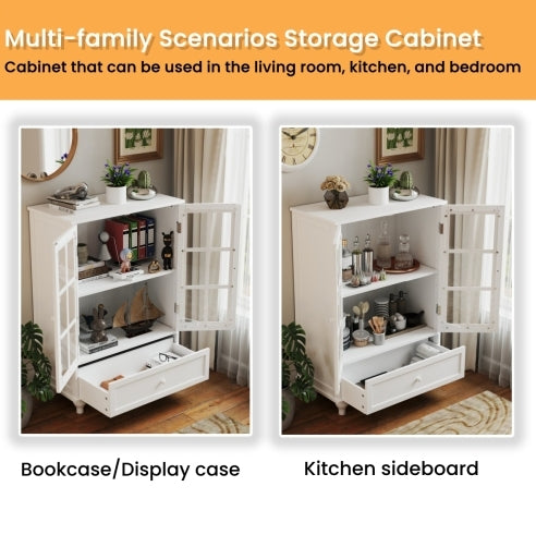 Aparador minimalista blanco con puertas de doble cristal y cajón, moderno aparador de madera para sala de estar, comedor, pasillo y entrada.