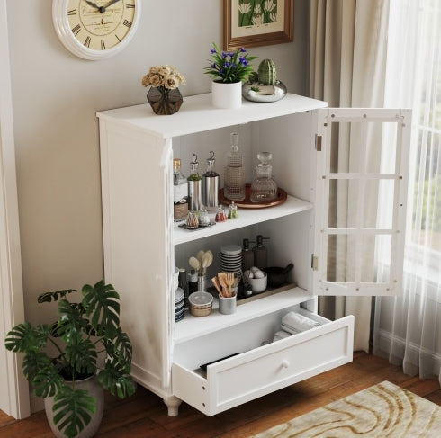 Aparador minimalista blanco con puertas de doble cristal y cajón, moderno aparador de madera para sala de estar, comedor, pasillo y entrada.