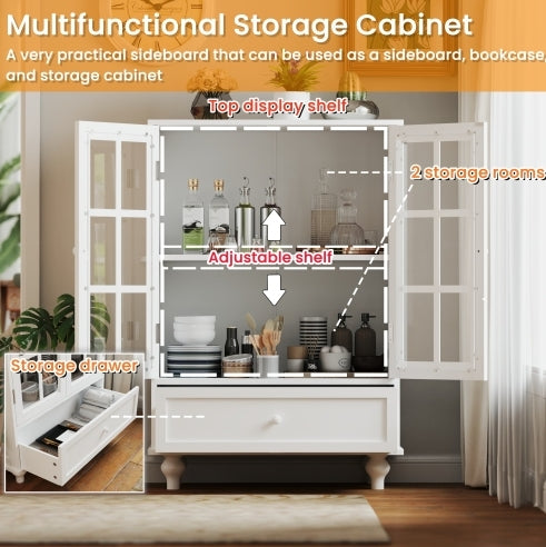 Aparador minimalista blanco con puertas de doble cristal y cajón, moderno aparador de madera para sala de estar, comedor, pasillo y entrada.