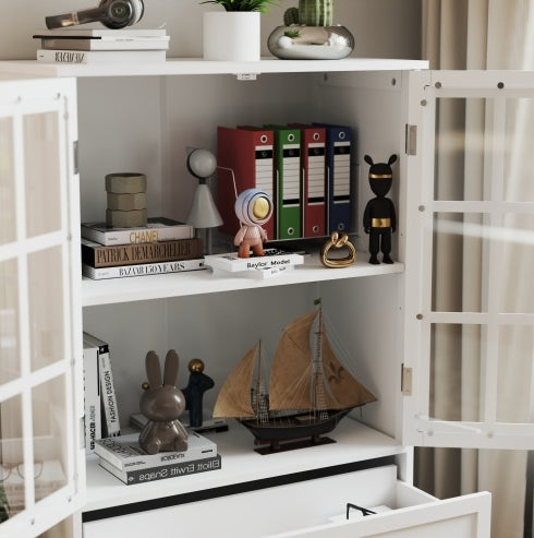Aparador minimalista blanco con puertas de doble cristal y cajón, moderno aparador de madera para sala de estar, comedor, pasillo y entrada.