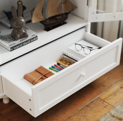 Aparador minimalista blanco con puertas de doble cristal y cajón, moderno aparador de madera para sala de estar, comedor, pasillo y entrada.