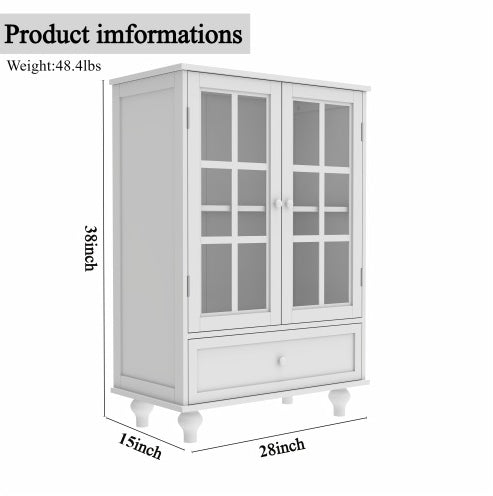 Aparador minimalista blanco con puertas de doble cristal y cajón, moderno aparador de madera para sala de estar, comedor, pasillo y entrada.