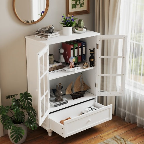 Aparador minimalista blanco con puertas de doble cristal y cajón, moderno aparador de madera para sala de estar, comedor, pasillo y entrada.