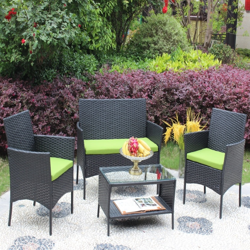 Juego de 4 muebles de ratán para patio, sofá de mimbre para exterior con cojines verdes