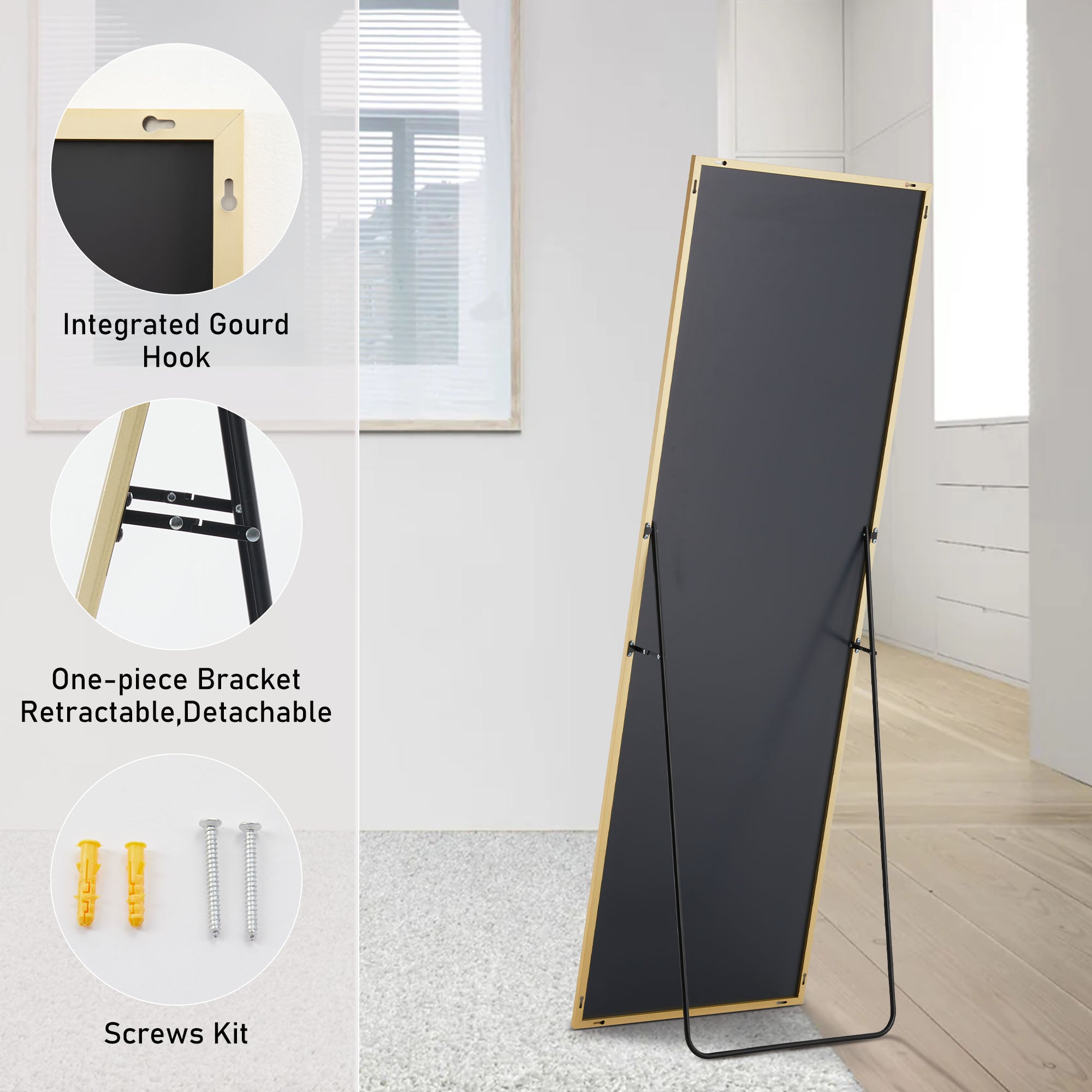 Espejo de pie, espejo de pared con soporte, marco fino de aleación de aluminio.