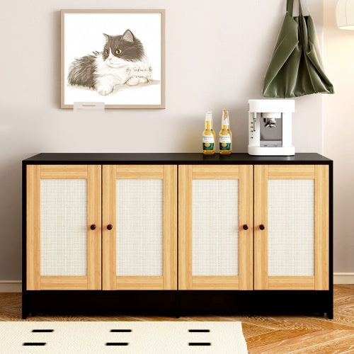 Recinto para arenero doble, para 2 gatos, mueble oculto con puertas de ratán, 121 cm de largo x 59 cm de ancho x 55 cm de alto, color negro