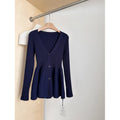 Navy Blue Waist-Cinching Low-Neck All-Match Long-Sleeve V-Neck Knitted Cardigan