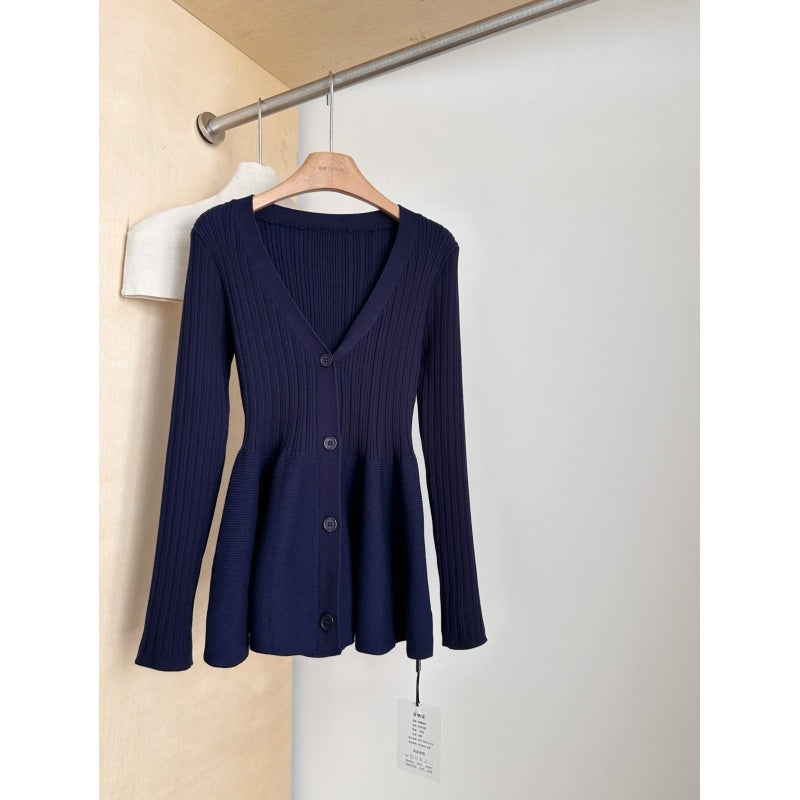 Navy Blue Waist-Cinching Low-Neck All-Match Long-Sleeve V-Neck Knitted Cardigan