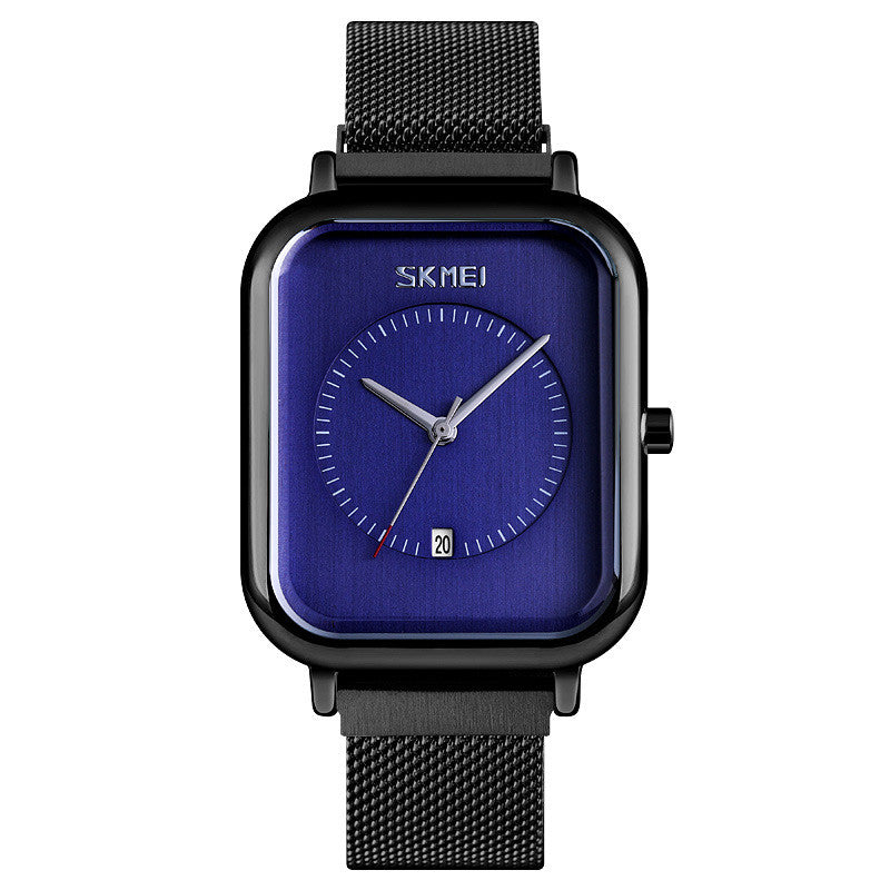 Reloj de cuarzo cuadrado de moda para hombre, con correa de malla, resistente al agua y calendario.