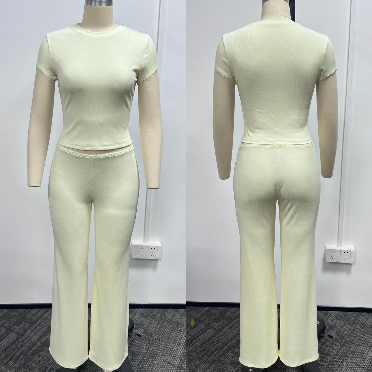 Conjunto de dos piezas de color liso con camiseta de manga corta y pantalón largo para mujer