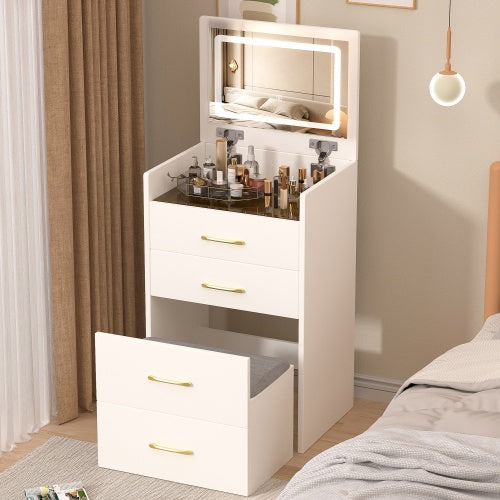 Tocador 3 en 1 con espejo abierto, pequeño juego de tocador con escritorio de cristal visible, compacto con 3 cajones, para dormitorio.