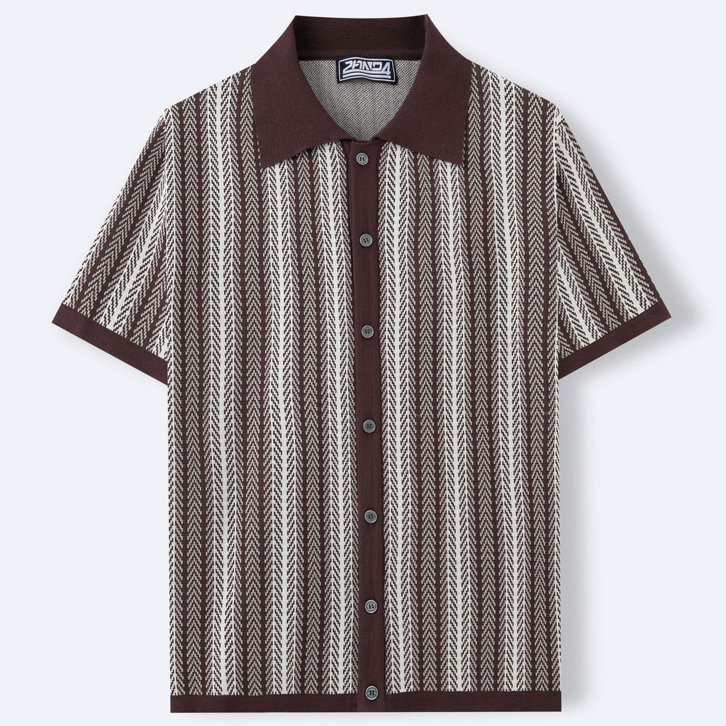 Men's Short-Sleeve Striped Knitted Cardigan Jacquard Polo Shirt