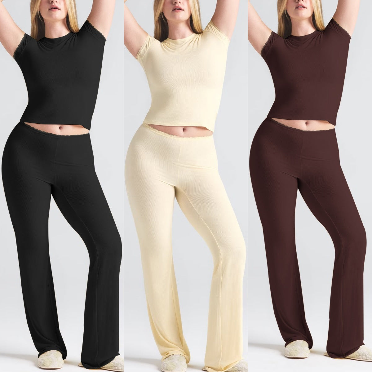 Conjunto de dos piezas de color liso con camiseta de manga corta y pantalón largo para mujer