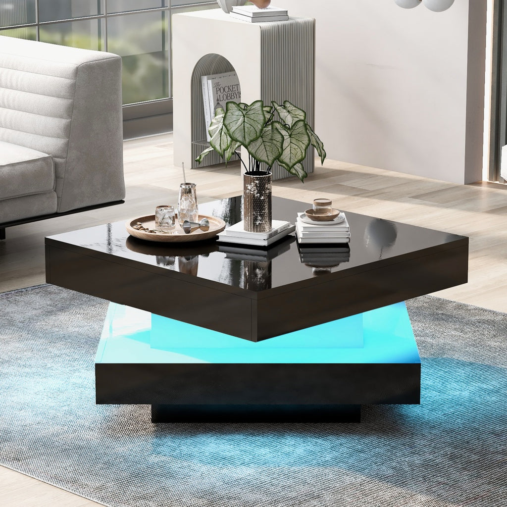 White Square High Gloss Coffee Table With 360 Rotating Top, Tea Table With 16-Color LED Light, 70x70x36 Cm