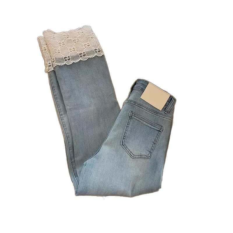 Vaqueros rectos con encaje retro de moda para mujer