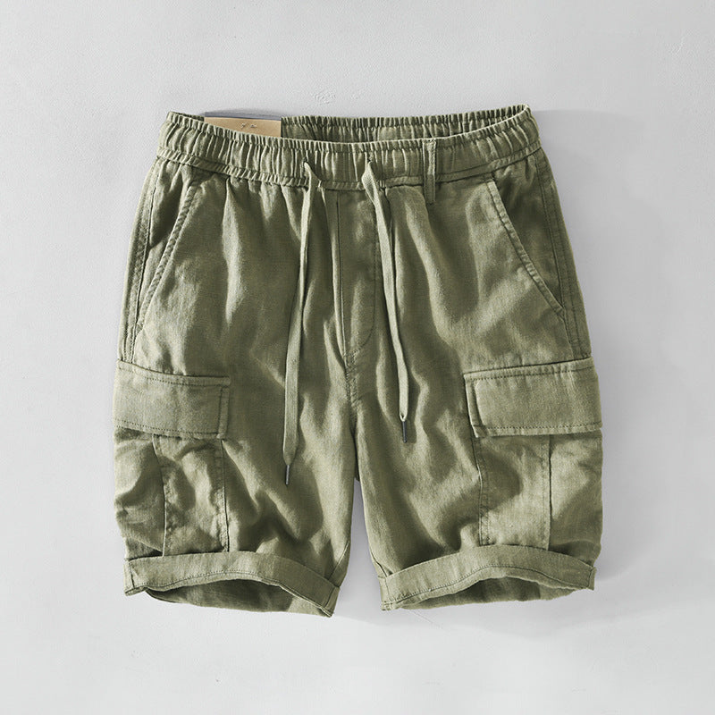 Pantalones cortos casuales de lino para hombre con cordón en el bolsillo