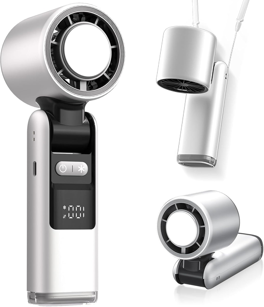 Ventilador portátil de mano, miniventilador turbo de velocidad ajustable, modo de temperatura reducida, pantalla digital recargable, ventilador personal plegable con luz nocturna, adecuado para mujeres y hombres al aire libre.