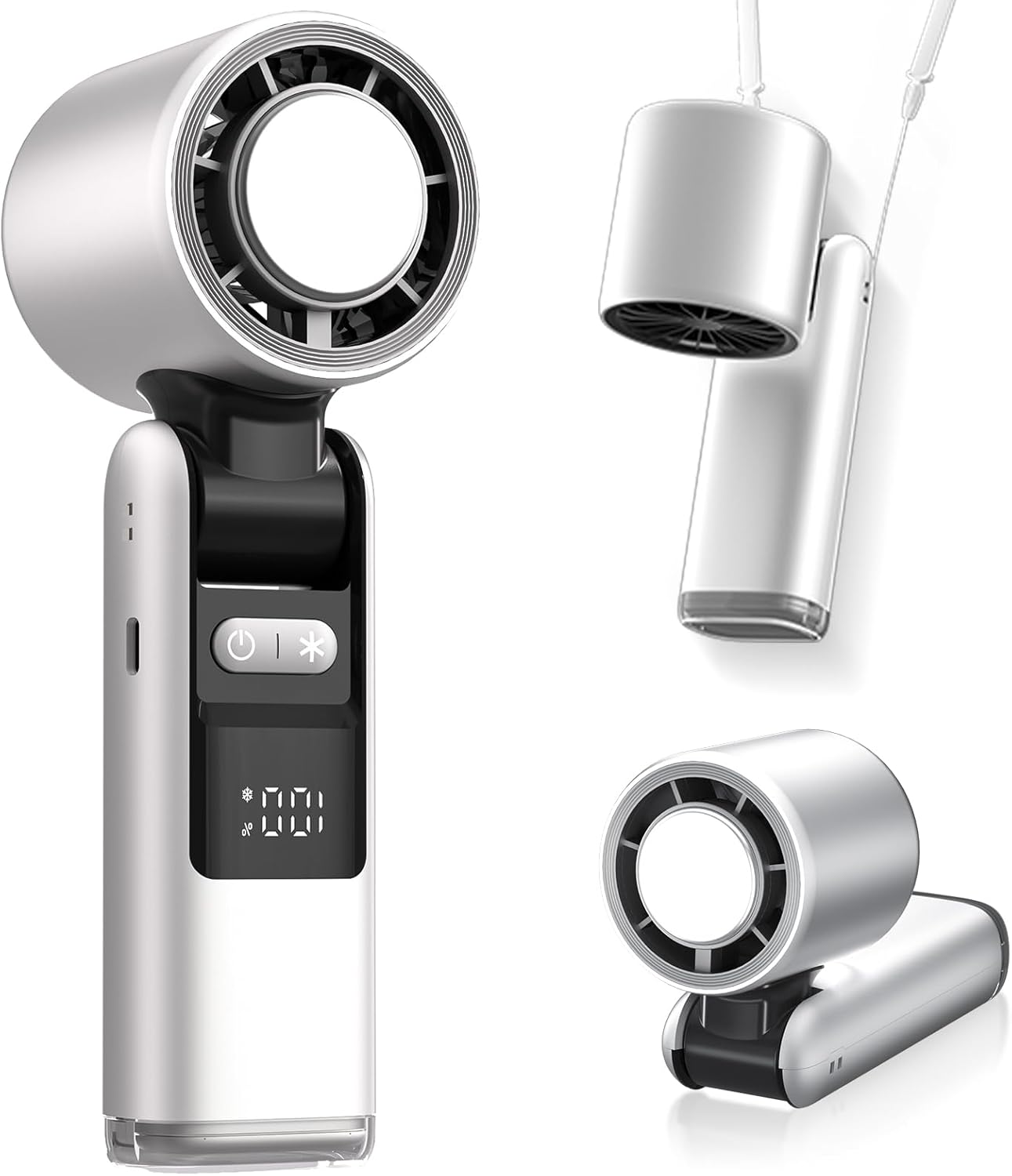 Ventilador portátil de mano, miniventilador turbo de velocidad ajustable, modo de temperatura reducida, pantalla digital recargable, ventilador personal plegable con luz nocturna, adecuado para mujeres y hombres al aire libre.