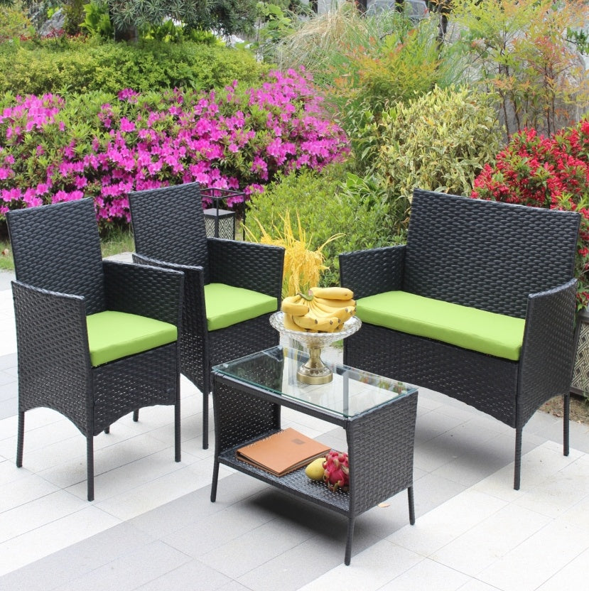 Juego de 4 muebles de ratán para patio, sofá de mimbre para exterior con cojines verdes