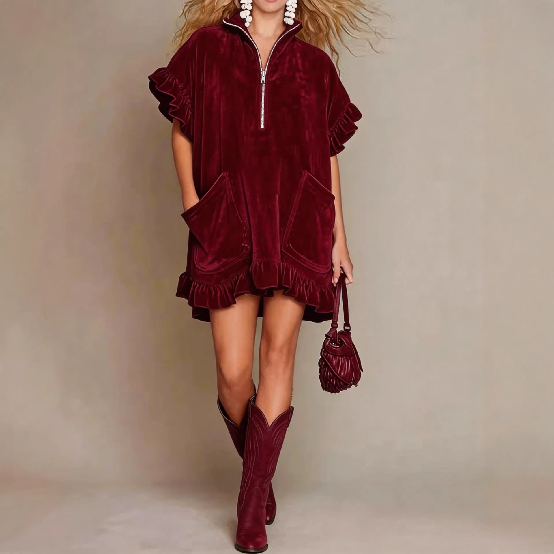 Short-sleeve Double-pocket Dress With Zipper And Ruffled Hem, A-line Womens Outfit
