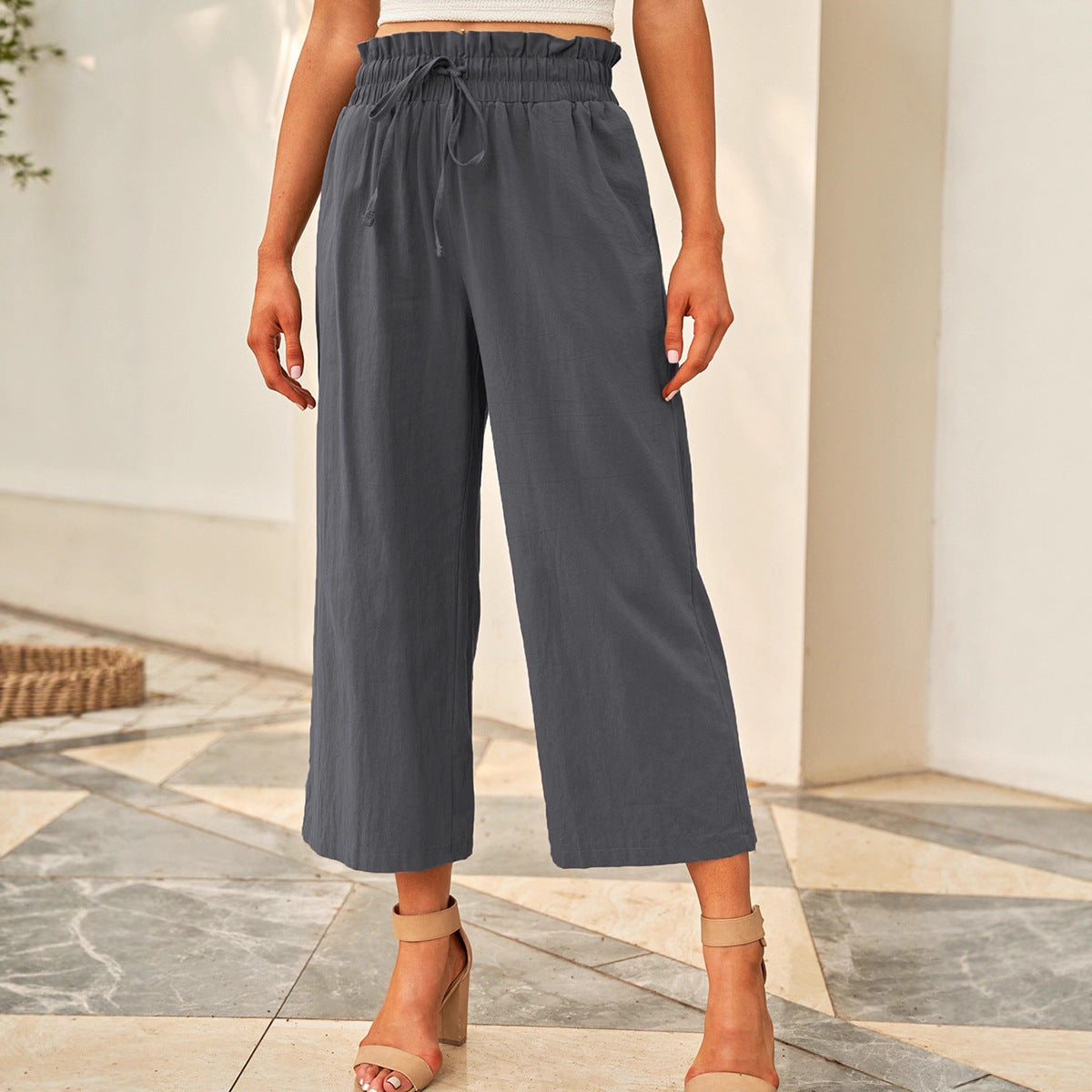 Pantalones casuales con cintura elástica y cordón para mujer, pantalones anchos