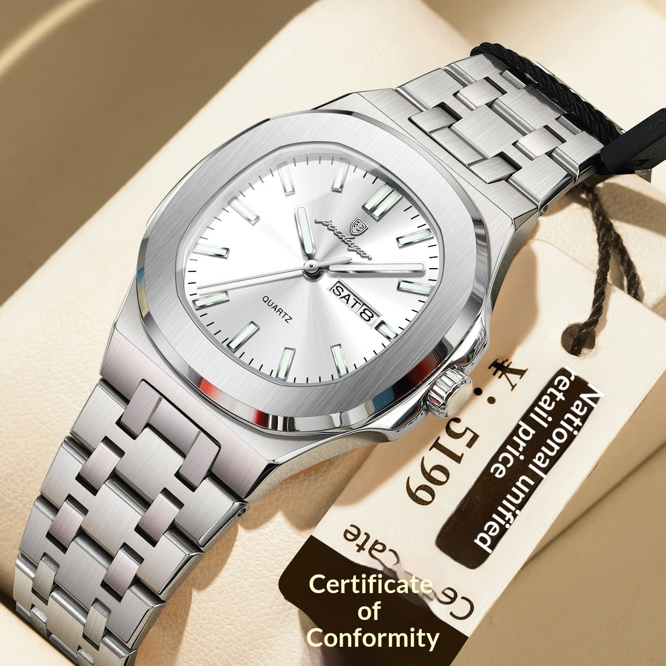Reloj ultrafino con características impermeables y luminosas.