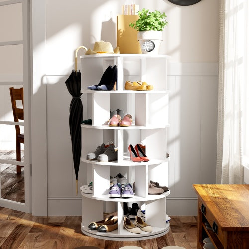 Zapatero giratorio, redondo, blanco, 5 niveles, altura 115 cm, ancho 60 cm