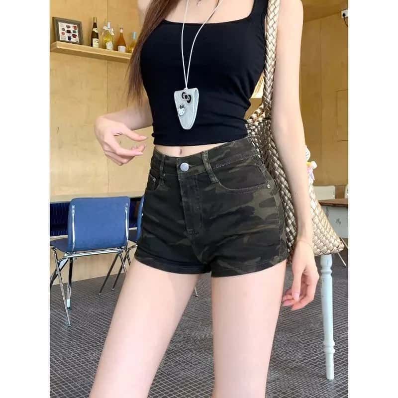 Shorts vaqueros de camuflaje de cintura alta para mujer con un sexy estilo americano