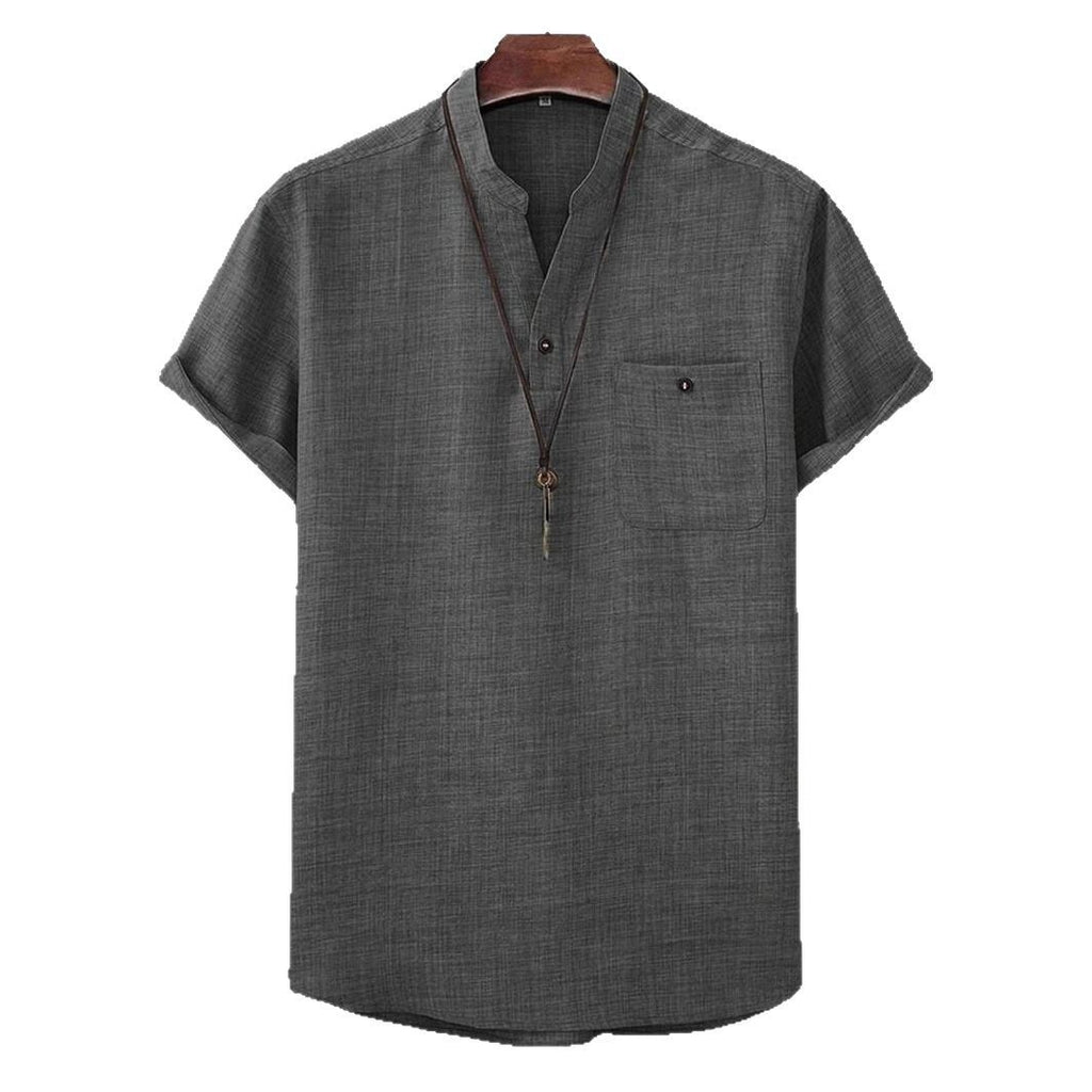 Mens Casual Short-sleeve Solid-color Shirt With A Turn-down Collar