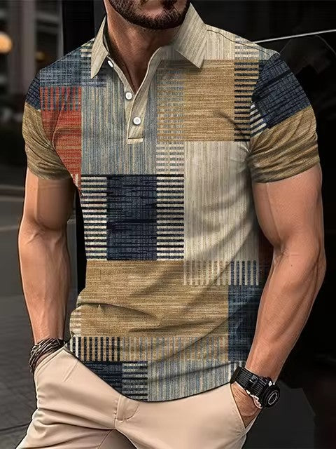 Mens Casual Printed Striped Polo Shirt