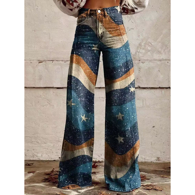 Thermal Transfer Bell-bottom Pants Simulation Denim Trousers Loose Pants