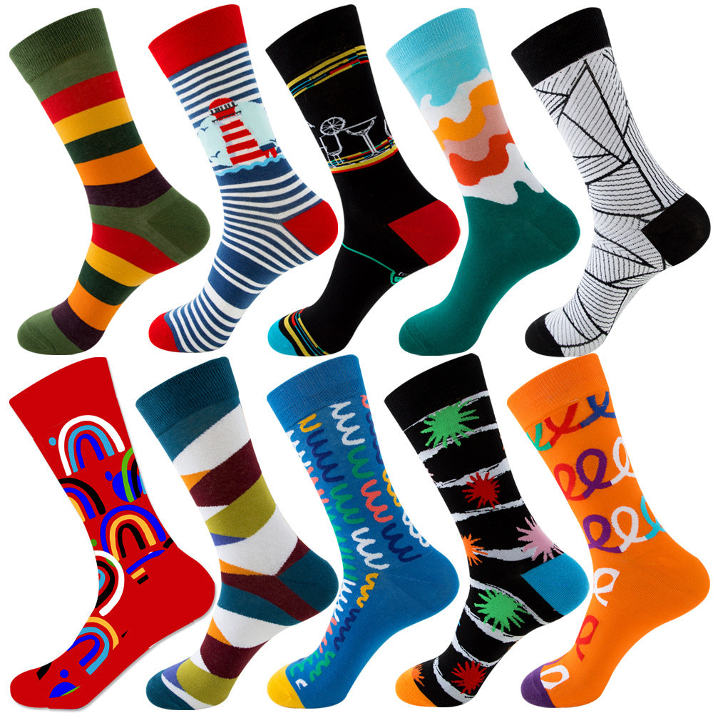 Calcetines de otoño para hombre con estampado de rombos y temática navideña de animales y frutas.