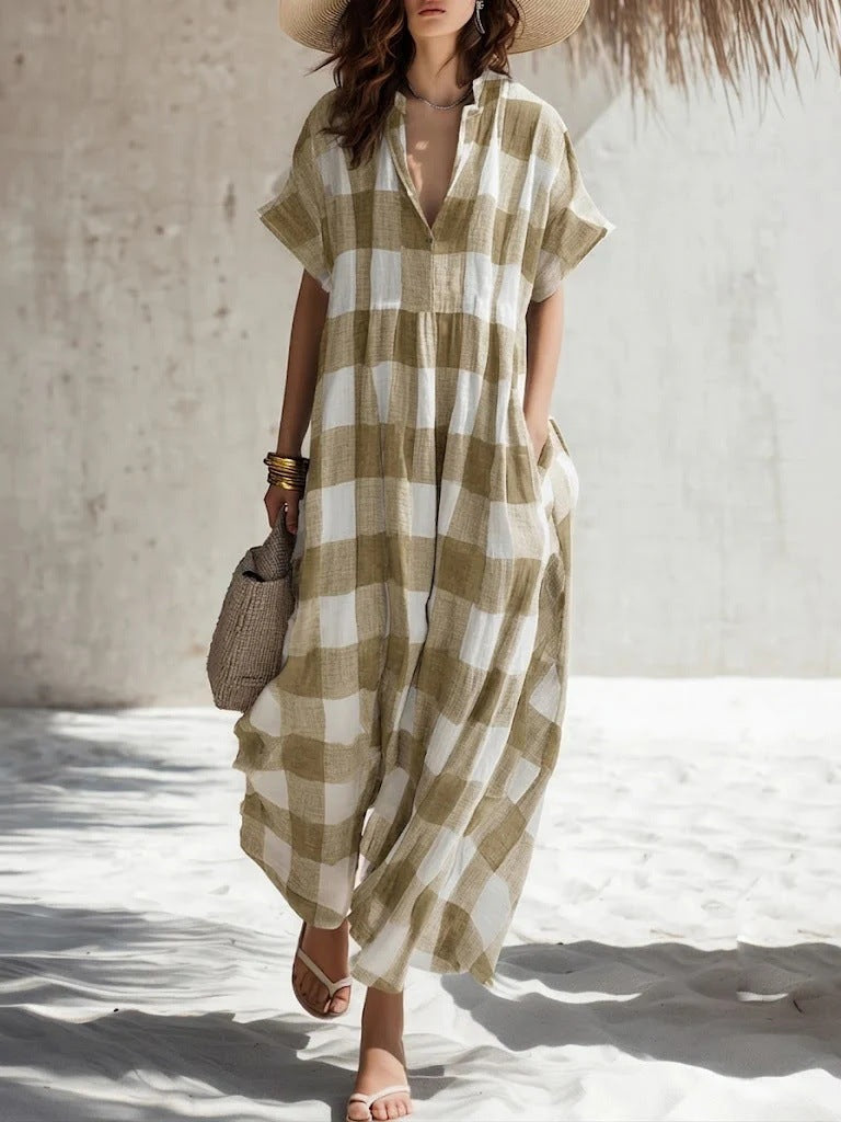 Plaid V-neck Long Cotton-Linen Dress