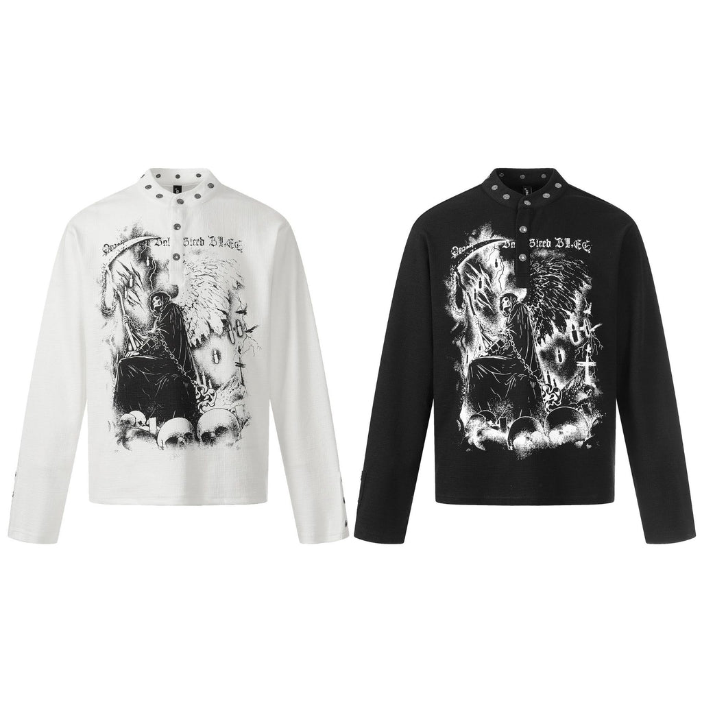 Camisa de manga larga para hombre, estilo retro americano, con estampado moderno y oscuro.