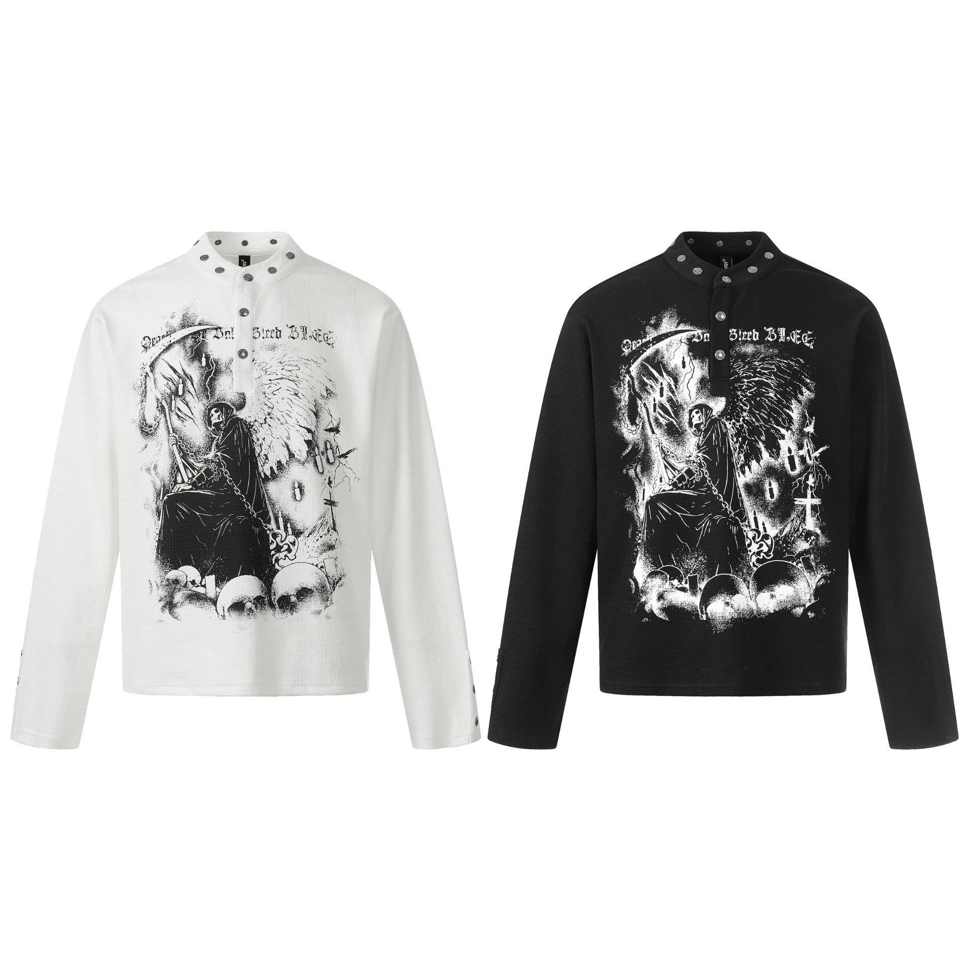 Camisa de manga larga para hombre, estilo retro americano, con estampado moderno y oscuro.