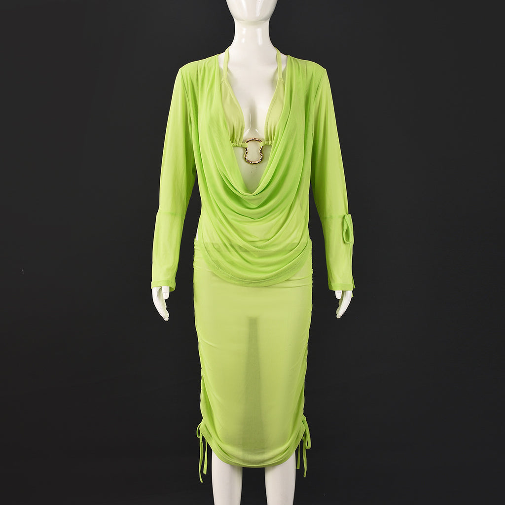 Hollow-out Midriff-baring Boat-neck Long-sleeve Top