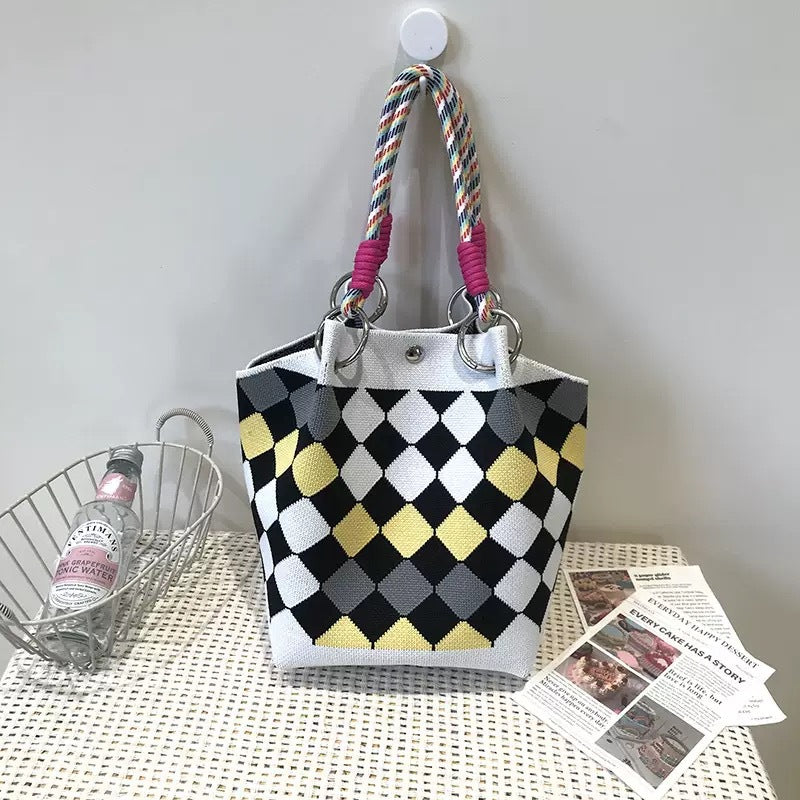 Bolso tote de punto rojo para mujer con cierre magnético y gran capacidad.