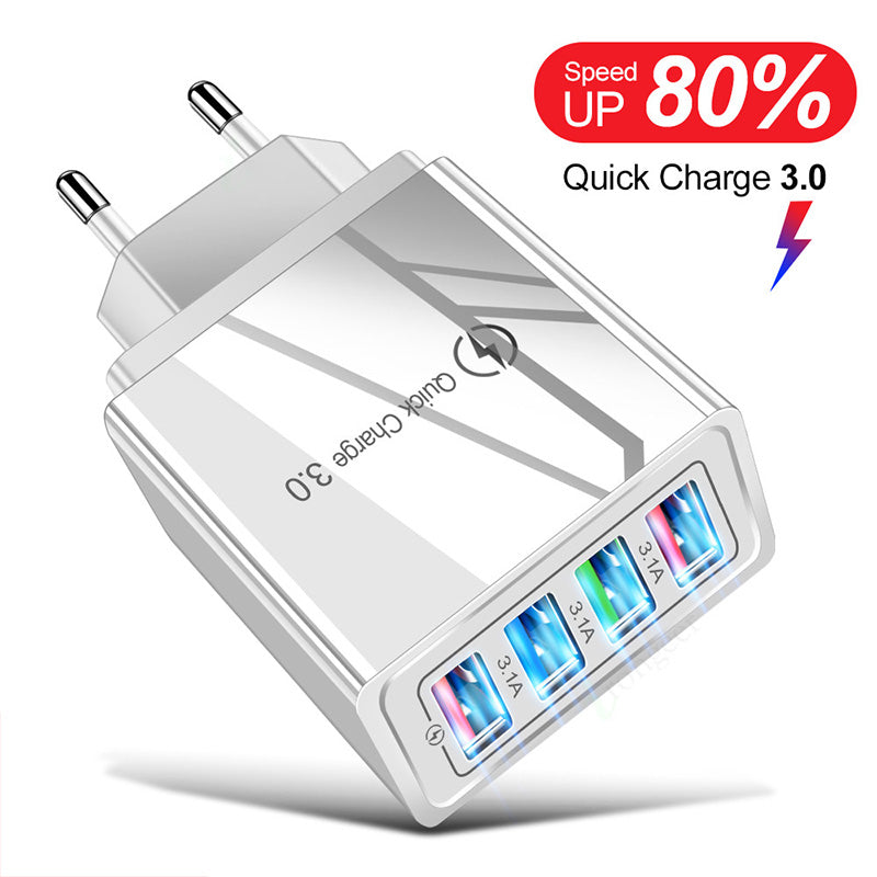 Cargador USB de carga rápida 3.0 para 4 teléfonos, adaptador para tableta, cargador de pared portátil, cargador rápido para móvil.