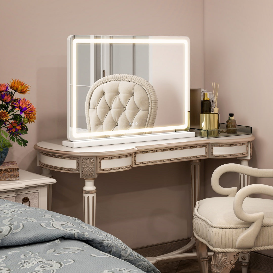 Espejo de tocador con luces LED, espejo de maquillaje con 3 modos de color regulables, control táctil, espejo de tocador de escritorio cuadrado blanco.
