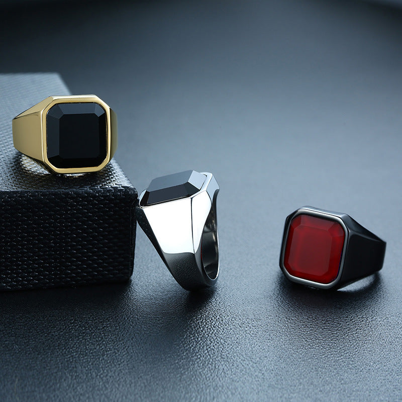 Anillo de ágata negra de acero inoxidable para hombre