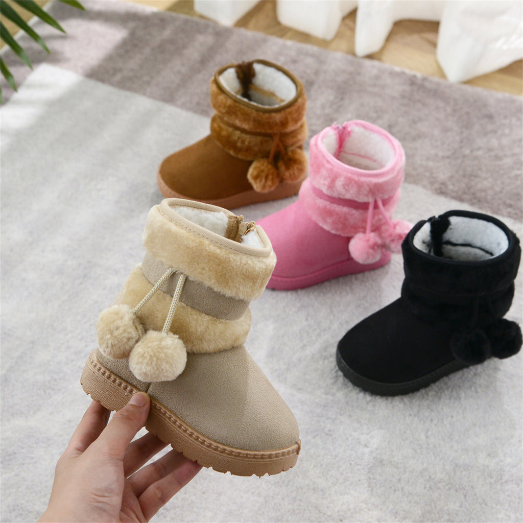Botas de piel de búho nival con bolas de pelo para niños pequeños