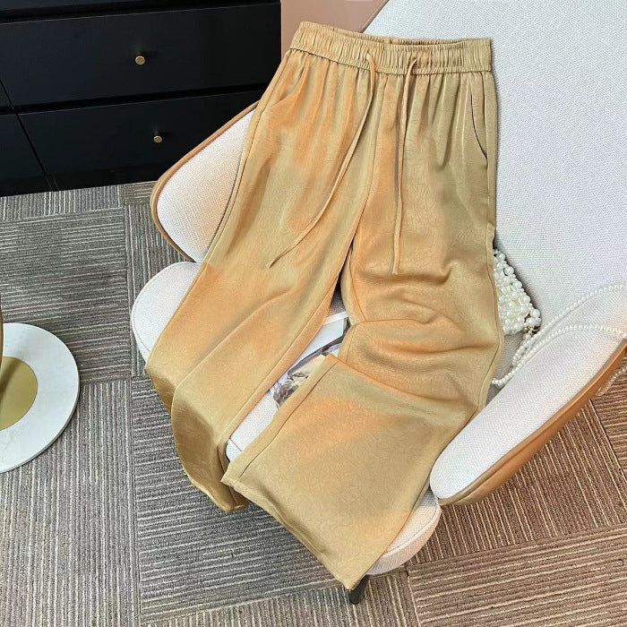 Pantalones de satén jacquard de pierna ancha de seda de hielo estilo chino para mujer