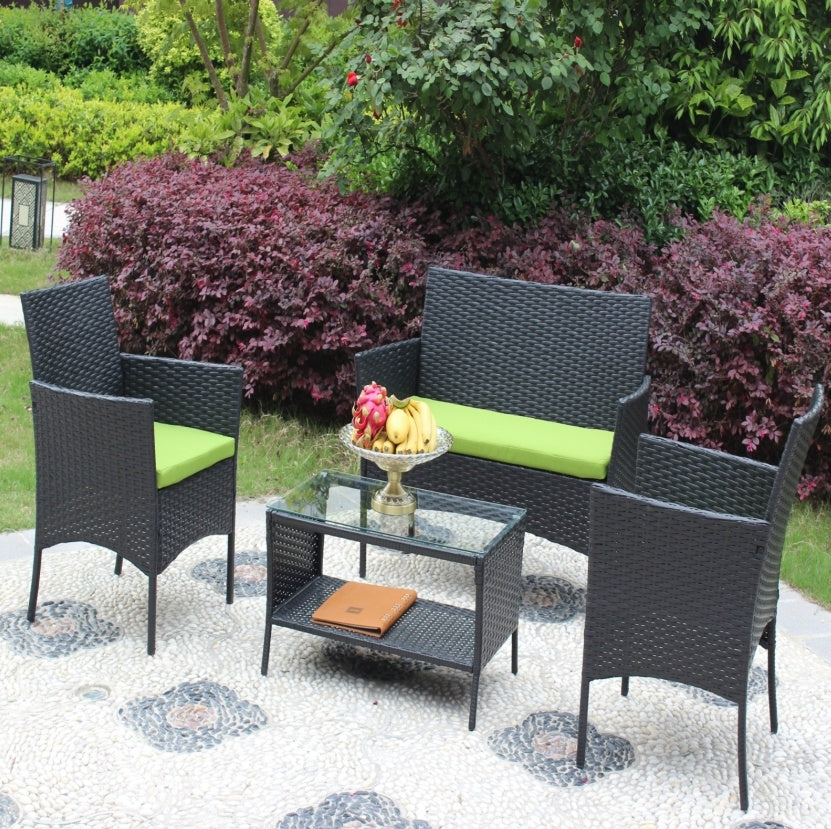 Juego de 4 muebles de ratán para patio, sofá de mimbre para exterior con cojines verdes
