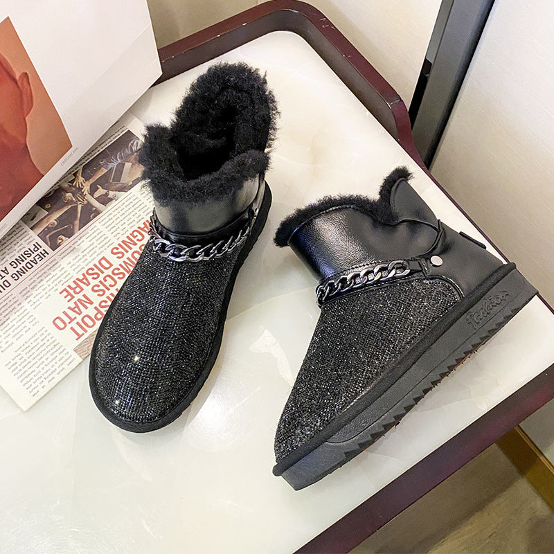 Botas de nieve gruesas de piel y terciopelo para mujer
