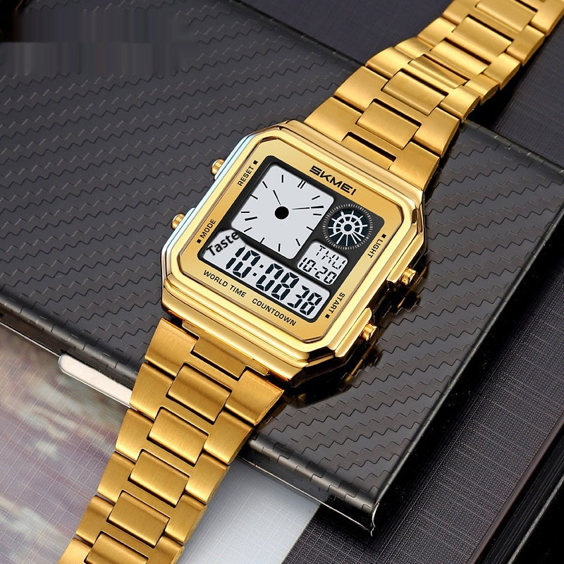 Reloj despertador cuadrado dorado resistente al agua con correa de acero y pantalla digital luminosa.