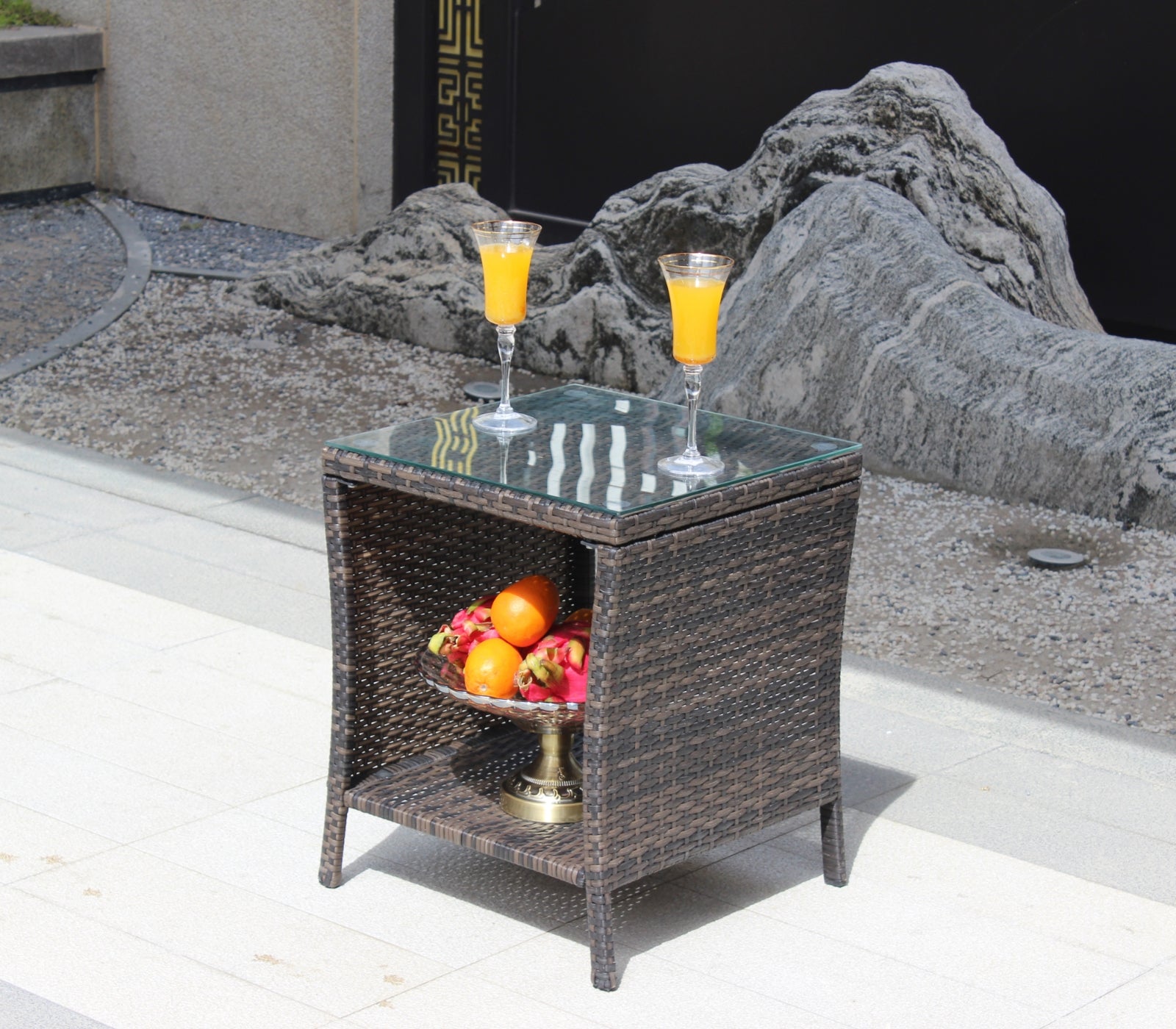 Muebles de exterior para patio, 1 mesa de centro con vidrio templado transparente