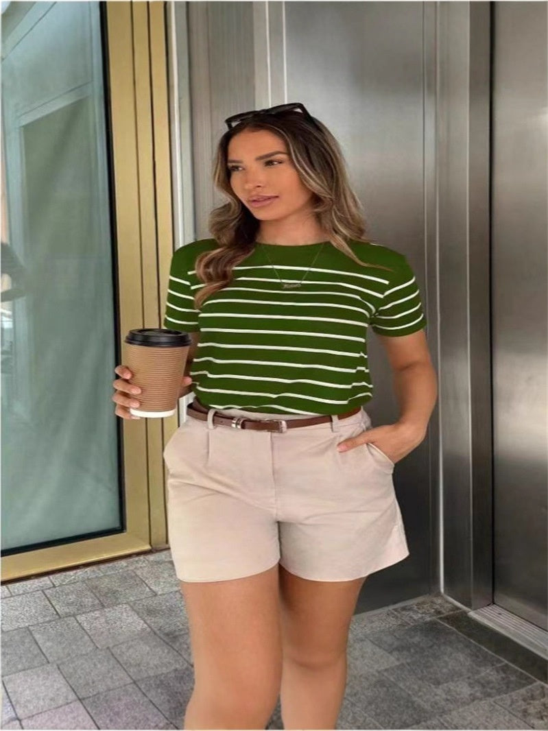 Womens Crew-neck Striped Short-sleeve T-shirt