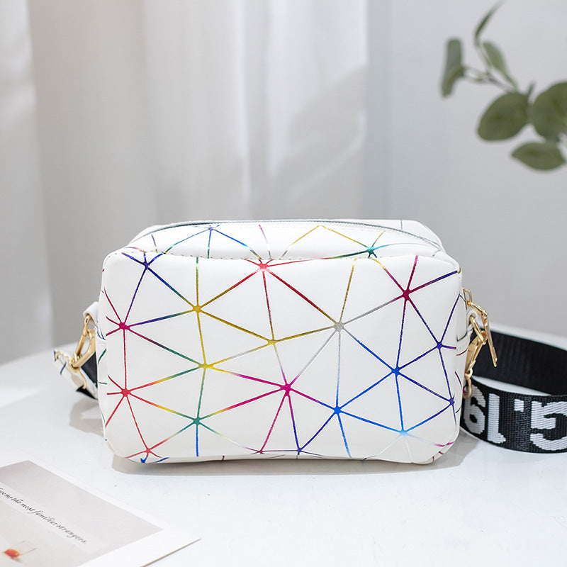 Bolso para cámara con correa de letras, estampado geométrico radiante y colorido