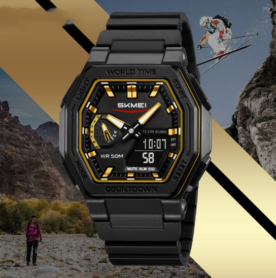 Reloj digital multifunción resistente al agua para estudiantes. Un reloj de pulsera deportivo versátil con doble pantalla.